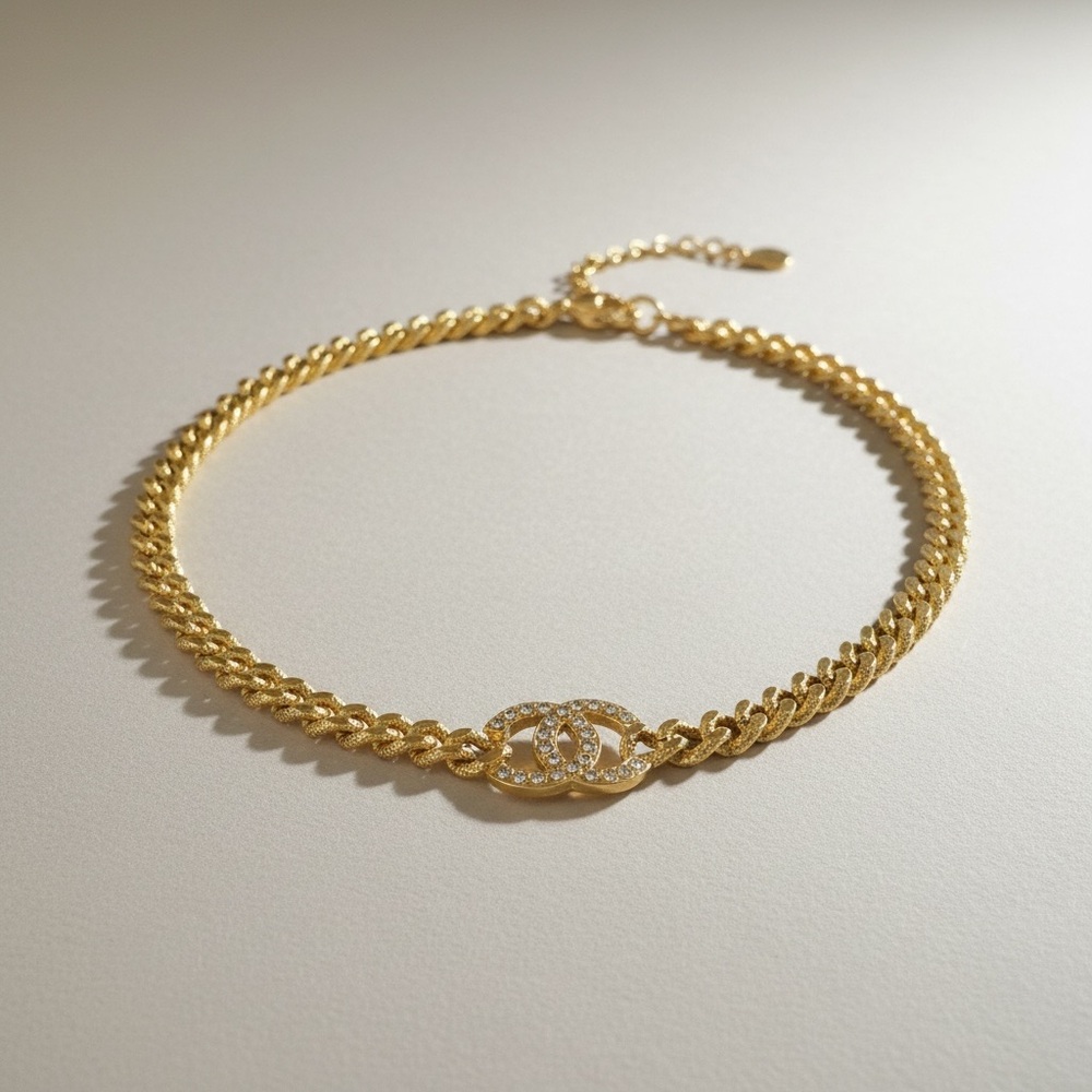 CHANEL Gold CC Chain Choker Necklace OS Crystal Logo Made in France - Picture 9 of 10